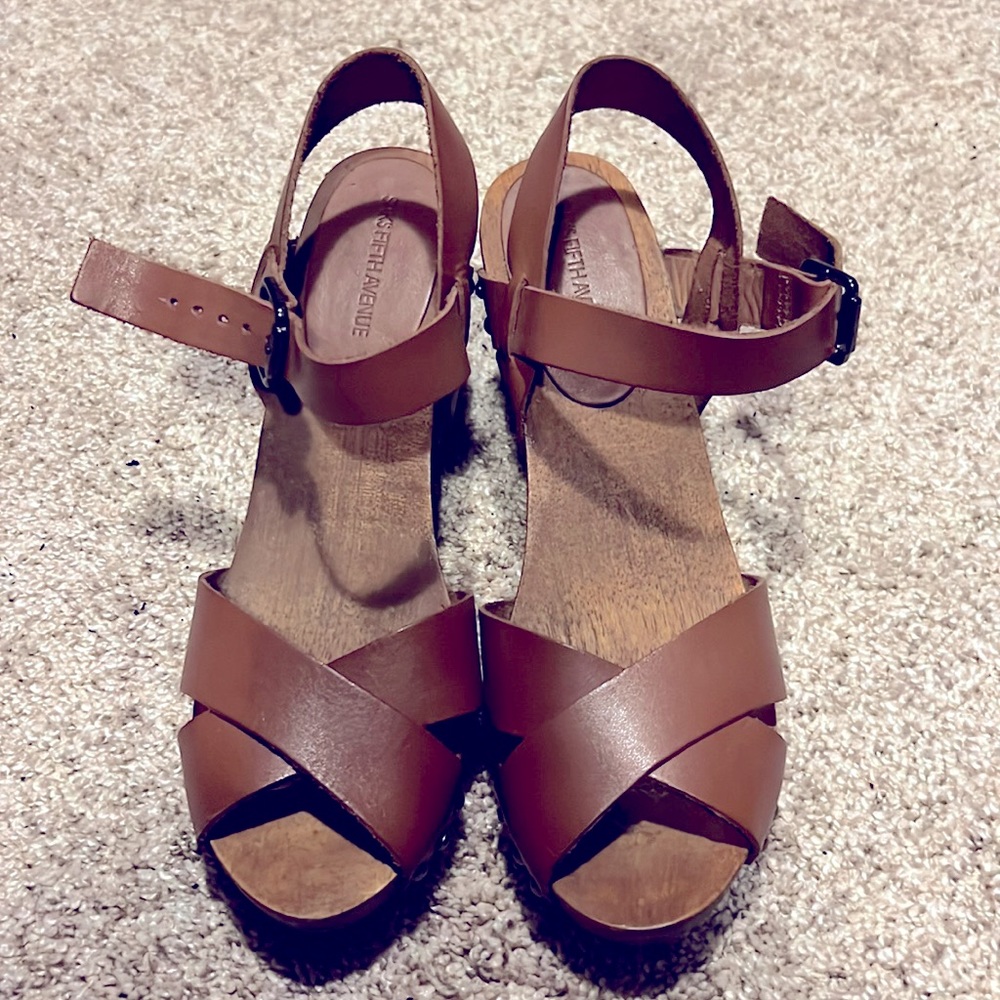 Saks Fifth Avenue, leather tan, wood heel sandals.